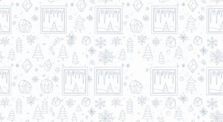 Seamless Winter Pattern Snowy Windows, Christmas Trees, and Snowflakes on Blue Background