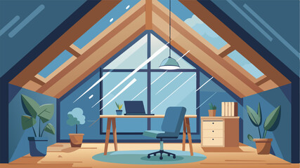 A cozy attic room with exposed wooden beams and a large skylight serves as a temporary office for a remote worker. The gentle sound of rain tapping against the windows adds to the. Vector illustration
