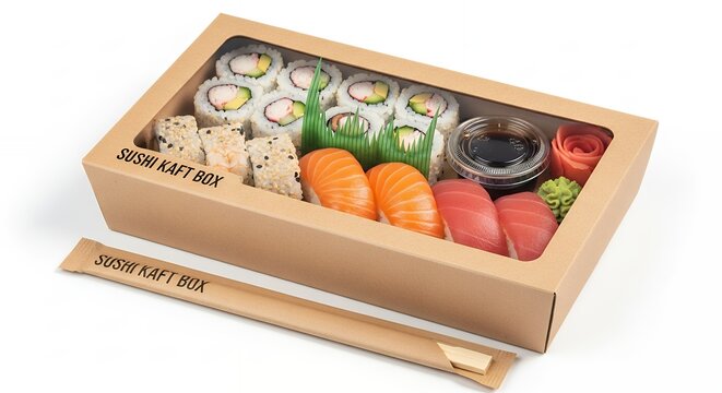 Assorted sushi in kraft box ready to eat takeout meal on white background
