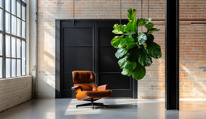 Stylish industrial office interior featuring brown leather chair and large green plant, creating warm and inviting atmosphere