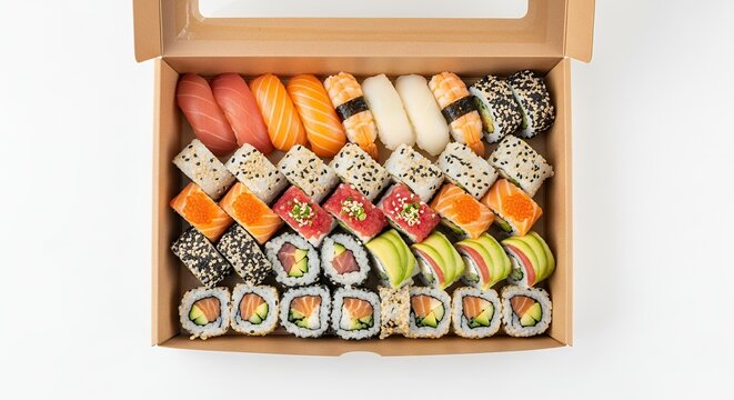Assorted Sushi and Maki Rolls in a Cardboard Takeaway Box.