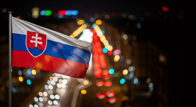 Slovakia flag waving on a pole with a blurred background of city lights at night. National symbol for independence day and patriotic celebration.
