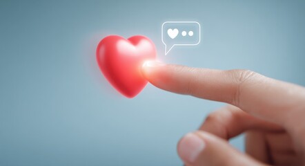Finger touching red heart icon with glowing effect representing social media interaction and digital emotion.