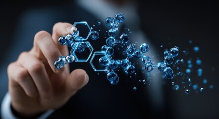 Hand interacting with holographic molecular structure in blue tones representing science and biotechnology innovation.