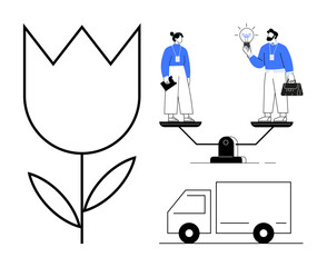 A floral design, individuals on a balance scale exchanging ideas, and a delivery truck. Ideal for business, innovation, sustainability, teamwork, eco-consciousness, logistics green technology