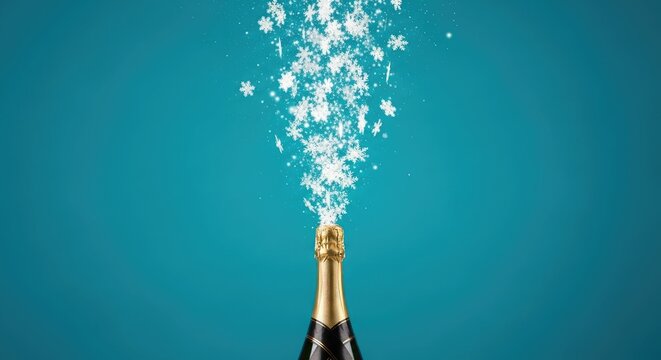 Champagne bottle popping with sparkling celebration.