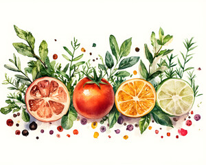 Watercolor Illustration of Fresh Herbs, Spices, and Citrus Fruits for Culinary Delights and Flavorful Recipes