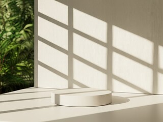 Minimalist display podium bathed in natural light with dappled shadows from foliage