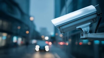 Medium shot of a hightech surveillance camera capturing clear footage in a modern security setup with dynamic urban background.