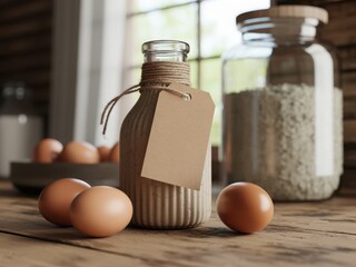 Rustic kitchen scene with eggs and bottled ingredients preparing for a delicious meal