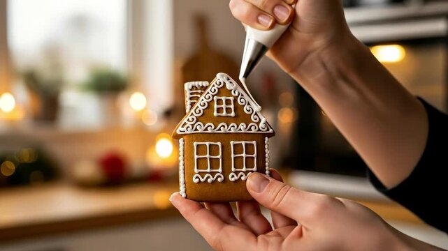 Close-up of female hands decorating a homemade gingerbread house cookie with white icing, creating festive details for Christmas holidays in a cozy, warm lit home kitchen.