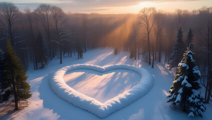 Snow heart in a winter forest landscape created with snow symbolizing love and romance in a cold seasonal setting