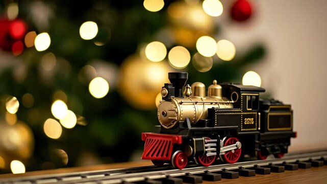 Classic toy train on tracks in front of a festive Christmas tree with glowing bokeh lights