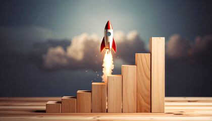 Upward growth graph with rocket icon, representing innovation, financial success and rapid business expansion.