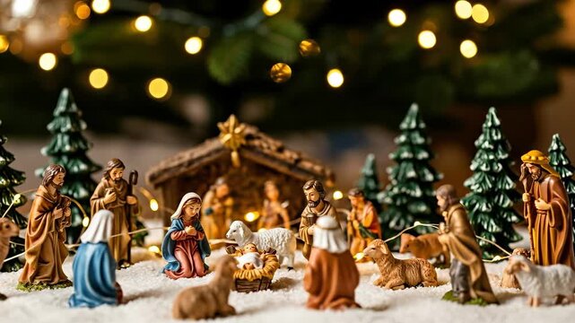 A person's hand carefully placing a sheep figurine into a detailed Christmas nativity scene, surrounded by other figures and twinkling lights.