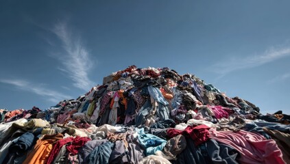 A massive pile of discarded textiles sits under a clear blue sky, illustrating the environmental impact of textile waste and overconsumption in the modern world.