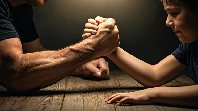 Powerful adult man's arm locked in an arm wrestling challenge against a young child's arm on a textured wooden table, representing competition and growth.