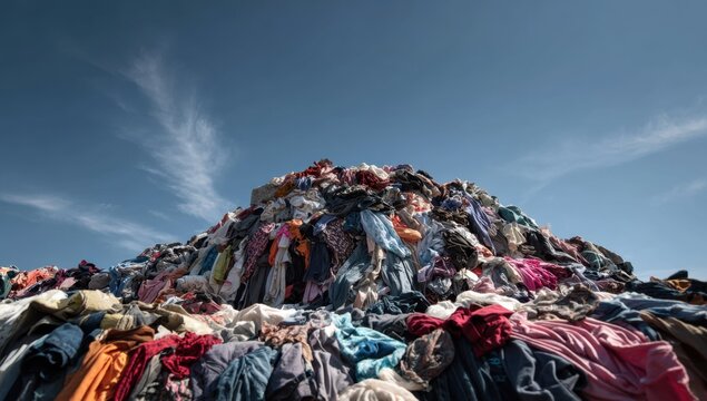 A massive pile of discarded textiles sits under a clear blue sky, illustrating the environmental impact of textile waste and overconsumption in the modern world.