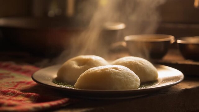 Steaming hot idlis served on a plate.
