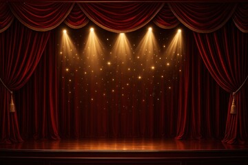 Elegant red and gold ceremonial stage backdrop with sparkling lights and luxurious fabric drapes creating prestigious award ceremony atmosphere for special events and celebrations