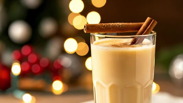 Creamy eggnog drink in a glass with cinnamon sticks and powder, festive holiday background with bokeh lights and red berries