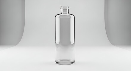 Clear Glass Bottle on White Background, Minimalist Product Photography.