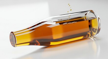 Clear Glass Bottle Filled with Golden Liquid on White Background.