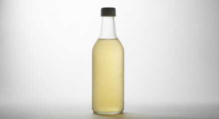 Clear Glass Bottle Filled with Light Yellow Liquid and Black Cap on White Background.