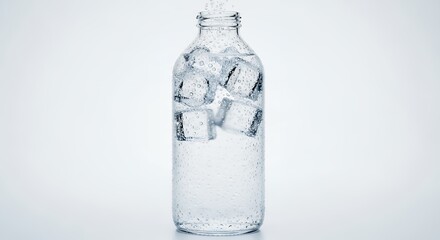 Clear glass bottle filled with ice cubes and water on a plain white background.