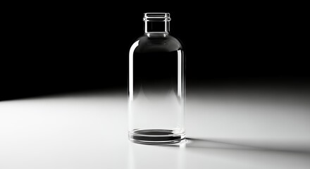 Clear Glass Bottle on a White Surface with a Dark Background, Minimalist Studio Shot.