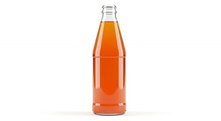 Clear Glass Bottle Filled with Refreshing Orange Liquid on White Background.