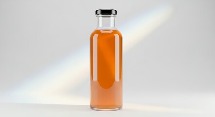 Clear Glass Bottle with Amber Liquid and Black Cap on White Background.