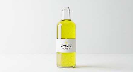 Clear Glass Bottle of Yellow Vitamin Water on White Background.
