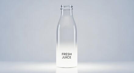 Clear Glass Bottle with Fresh Juice Label on White Background.