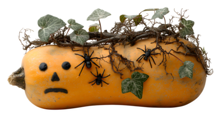 Carved scary Halloween face on butternut squash with black spiders and ivy twigs isolated on white background