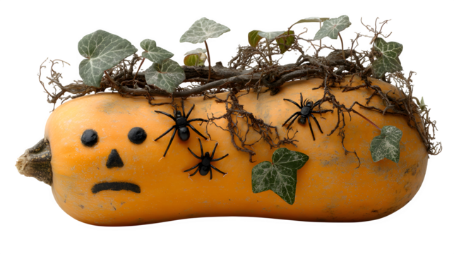 Carved scary Halloween face on butternut squash with black spiders and ivy twigs isolated on white background