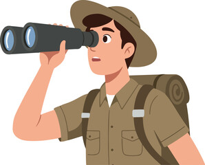 Man Explorer With Binoculars And Backpack On White Background