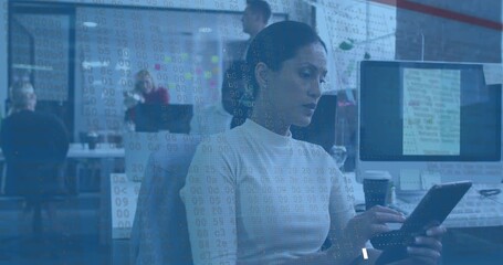 Office woman tapping and scrolling tablet, causing animated data overlays emerging, analyzing chart - Powered by Adobe