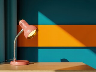 Illuminated pink desk lamp casts warm light on a vibrant striped wall