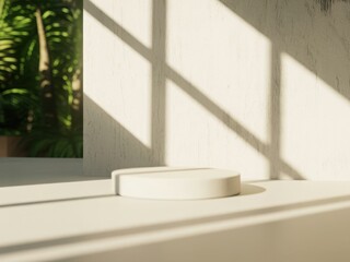 Minimalist display podium with natural light shadows and greenery