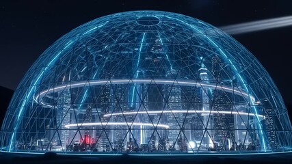 Futuristic geodesic dome illuminated with blue lights at night. - Powered by Adobe