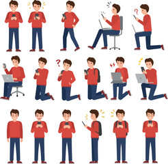 Man In Red Hoodie Using Mobile Phone And Laptop In Various Poses