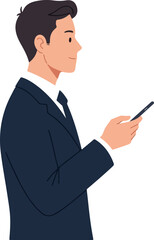 Man In Navy Suit Using Smartphone White Background Minimal Illustration