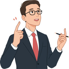 Man In Suit Explaining Idea With Pencil In Hand White Background