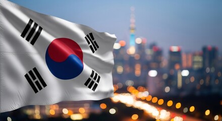 South korea national flag waving with cityscape background. Asian country national symbol. Independence Day and patriotic holiday concept.
