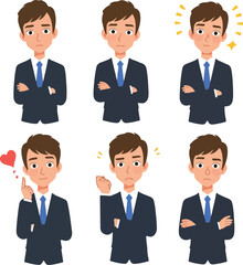 Man In Suit Showing Various Emotions And Poses Flat Design Vector Illustration