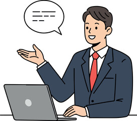 Man in Suit Talking by Laptop with Speech Bubble