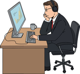 Man in Suit Wearing Headphones Working on Computer at Desk