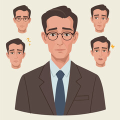 Man In Suit With Multiple Expressive Faces Sad Confused Surprised Worry