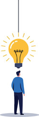Man Looks Up At Glowing Light Bulb Idea Inspiration White Background